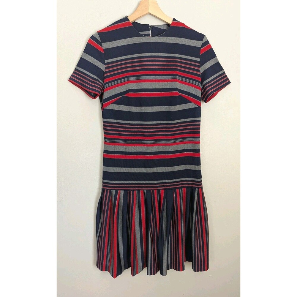 Vtg 60s Dress Twiggy Mod Stripe GoGo Handmade Drop Waist MCM Retro Preppy 0 2 XS